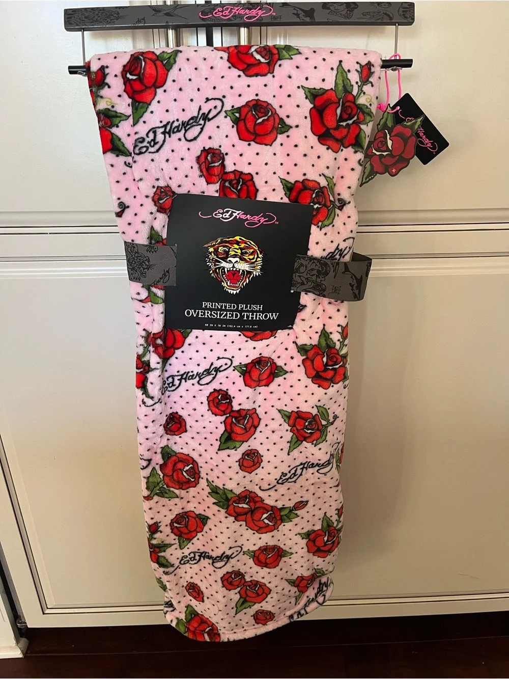 Ed Hardy Pink Background Black Polka Dots Red Roses Throw Blanket